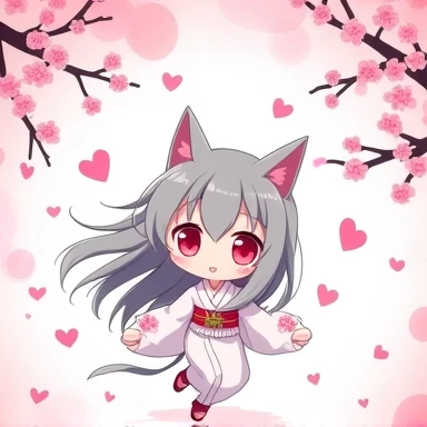 One Woman,Gray Hair,Cat ear,((Chibi Character)) Heterochromia iridis,Eye color,red,White kimono,Star Iris Background(Heart Background,Lots of hearts,pink,Watercolor style) Rampaging figure,cute,Please enter text in the bottom right corner of the fantasy image,A very popular font,