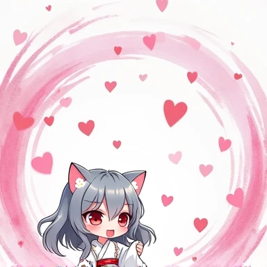 One Woman,Gray Hair,Cat ear,((Chibi Character)) Heterochromia iridis,Eye color,red,White kimono,Star Iris Background(Heart Background,Lots of hearts,pink,Watercolor style) Rampaging figure,cute,Please enter text in the bottom right corner of the fantasy image,A very popular font,