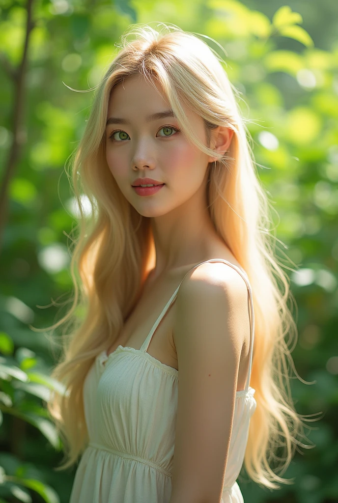(photorealism:1.2), beautiful woman, white korean tan skin natural blond long straight hair with natural green forest eyes, bunny kind features, very natural, bigger breast