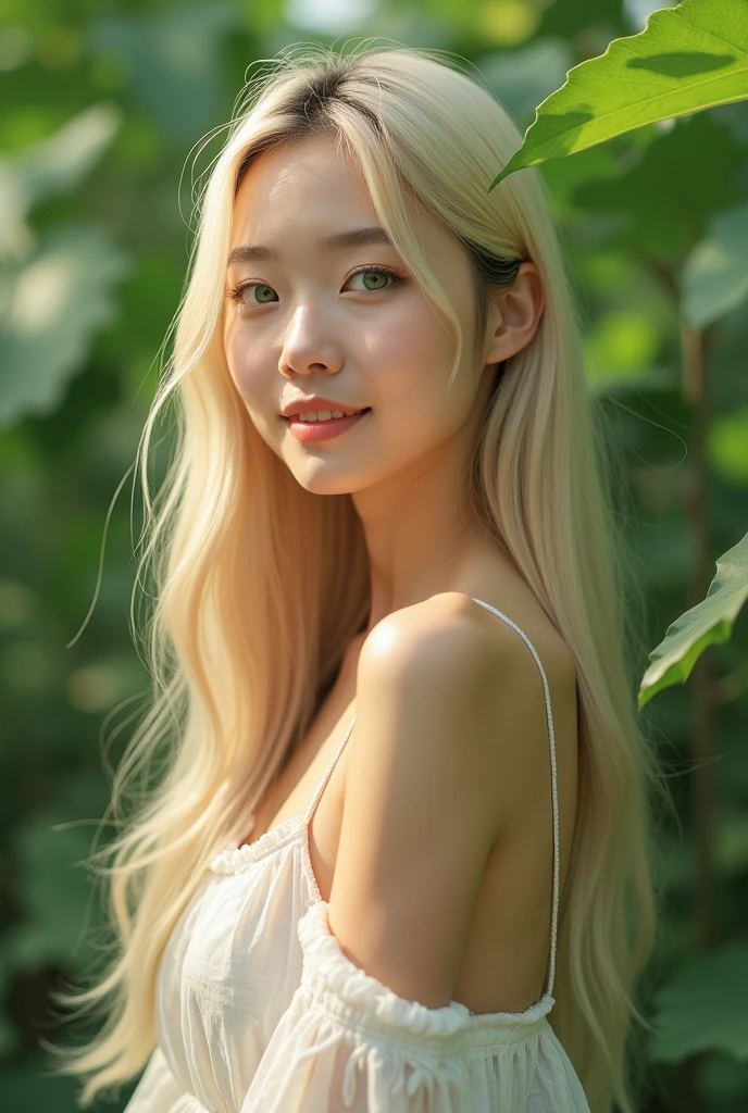 (photorealism:1.2), beautiful woman, white korean tan skin natural blond long straight hair with natural green forest eyes, bunny kind features, very natural, bigger breast