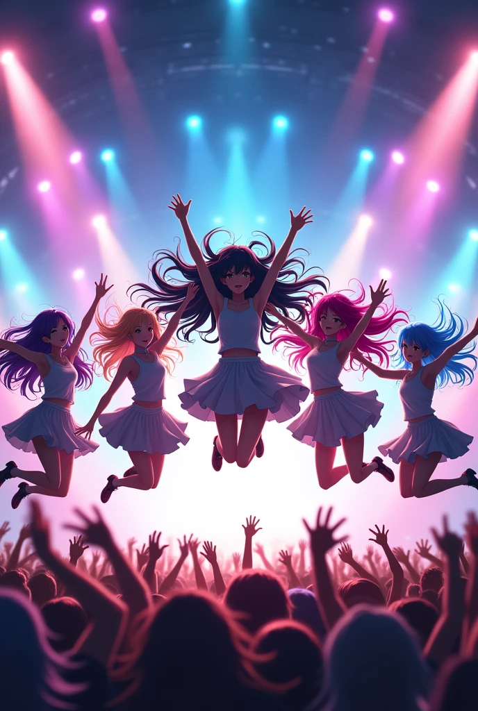 5 Japanese girls jumping , all of the group have long hair, beautiful, pretty, no deformation, great quality. The girl in the center has giant black hair, the others have colored hair, the background is a very beautiful and bright Jpop concert stage with lots of people