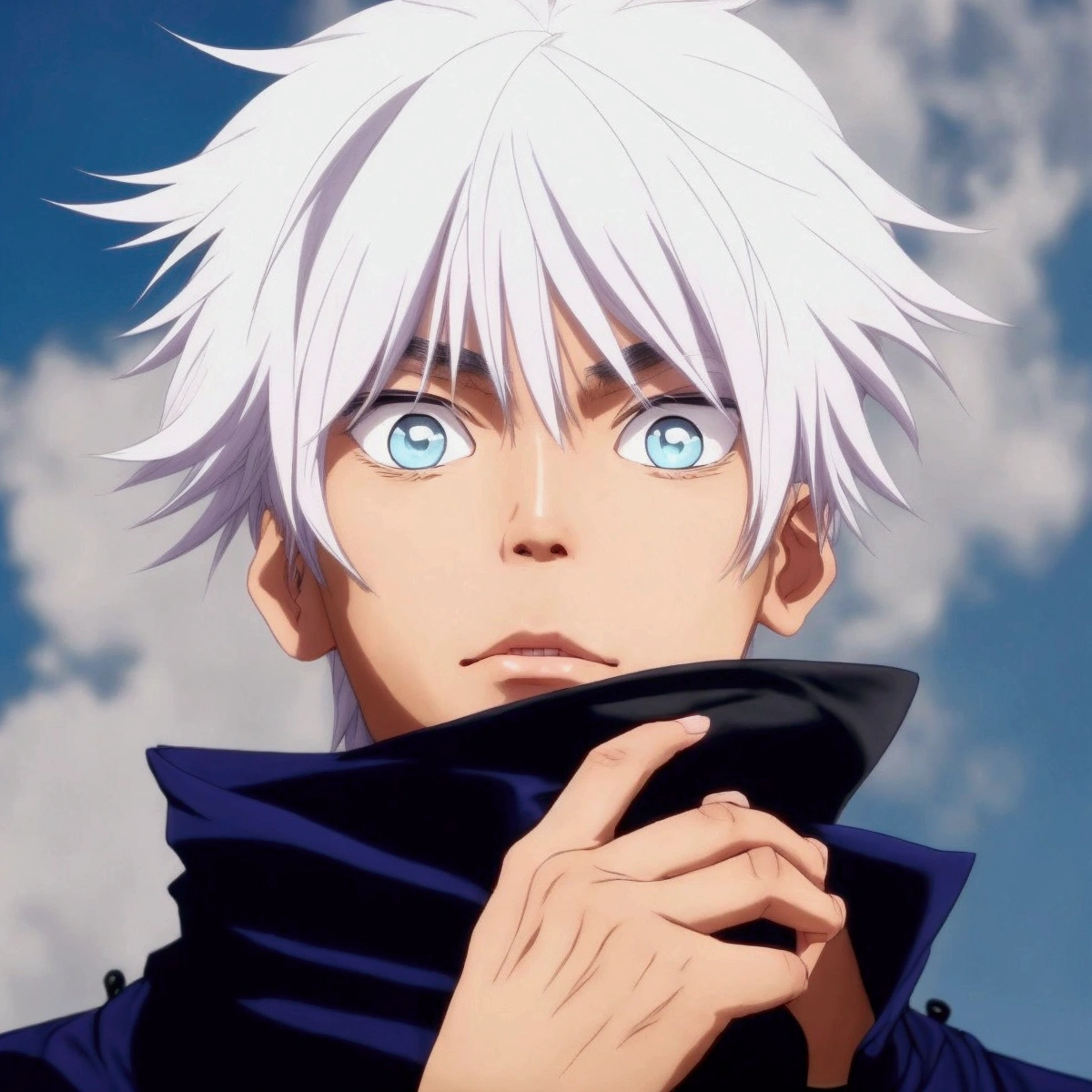 a realistic young handsome Asian male, with white hair. has very vibrant blue eyes. Wears a dark blue zip-up jacket with a high collar that's also fairly wide.