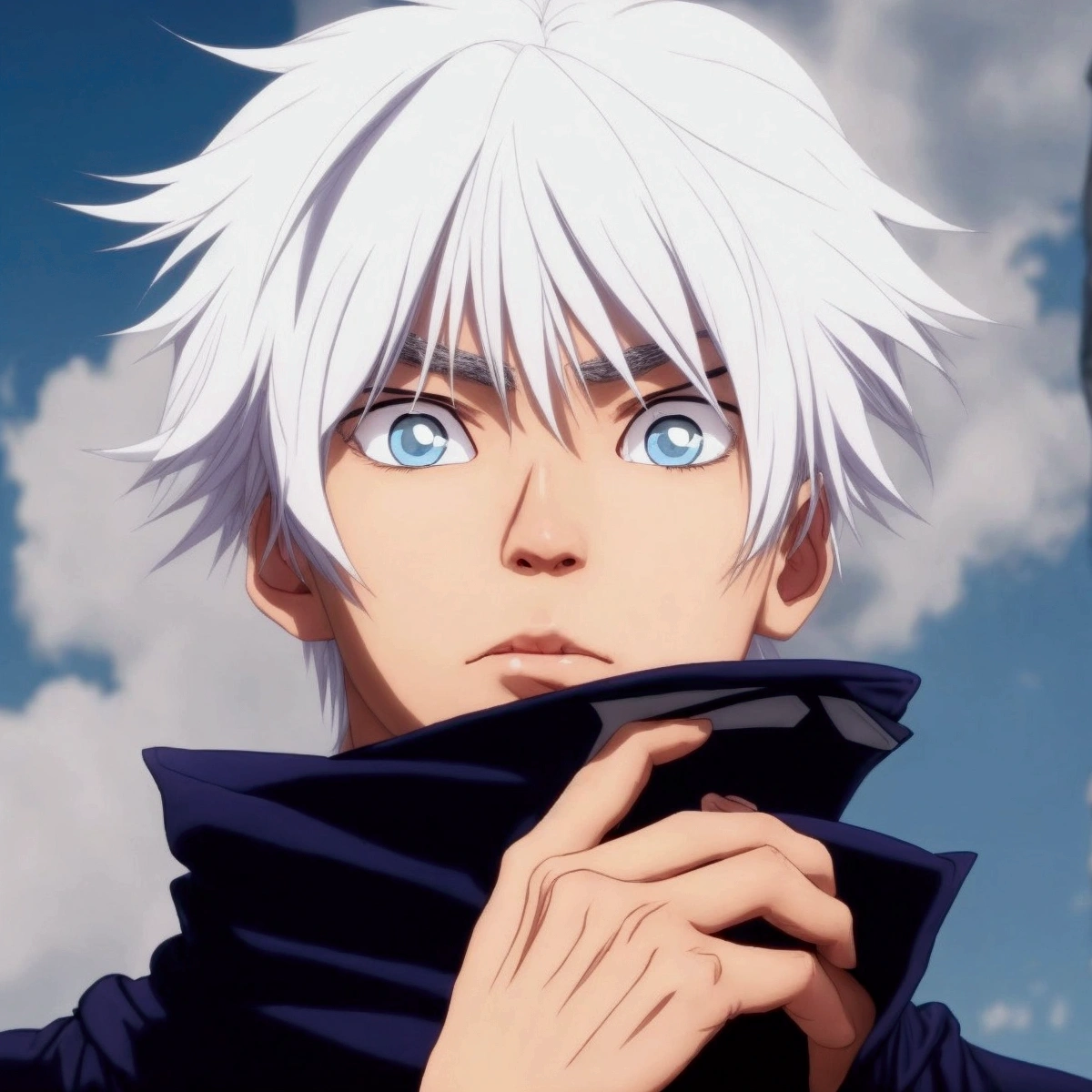 a realistic young handsome Asian male, with white hair. has very vibrant blue eyes. Wears a dark blue zip-up jacket with a high collar that's also fairly wide.