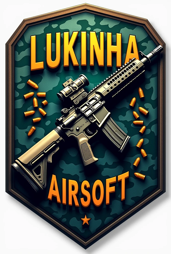 Hexagonal rubber patch , Airsoft crest , with the name Lukinha airsoft using m4 rifle weapon , Camouflage background