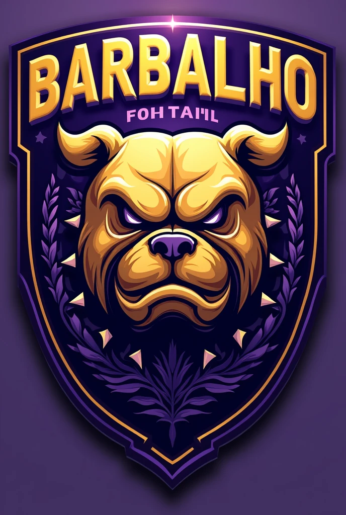 Create a perfect shield for a football team called Barbalho GBC in Portuguese, purple and gold colors, scary bulldog

