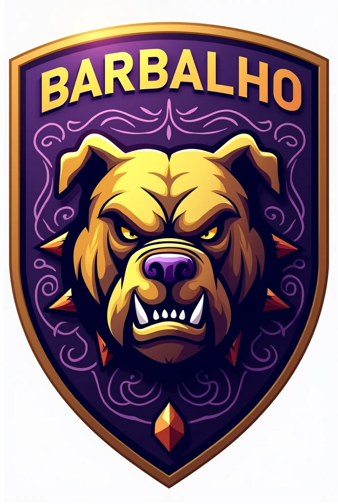 Create a perfect shield for a football team called Barbalho GBC in Portuguese, purple and gold colors, scary bulldog
