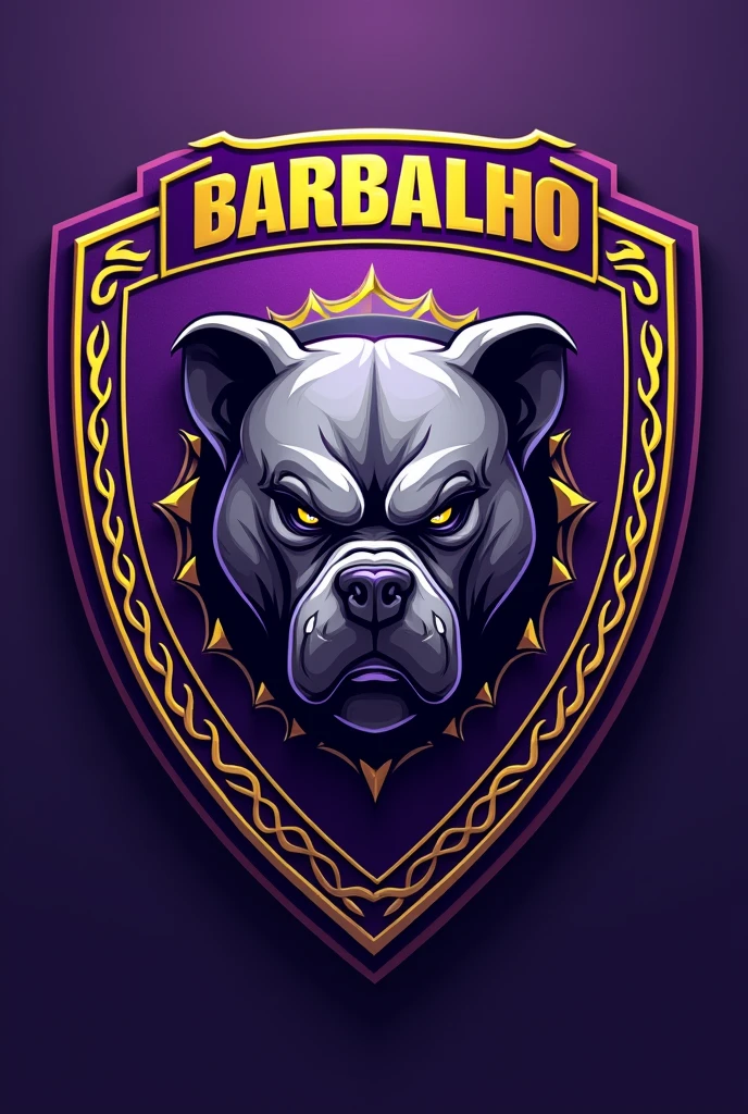 Create a perfect shield for a football team called Barbalho GBC in Portuguese, purple and gold colors, scary bulldog