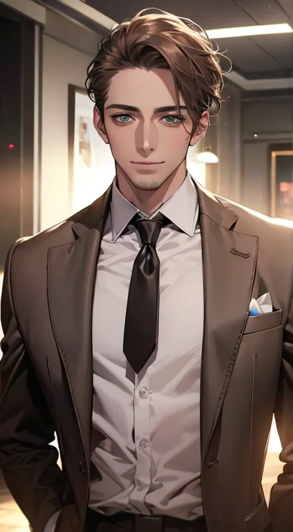 (Highest quality,4K,8K,High resolution,masterpiece:1.2),Super detailed,(Realistic,photoRealistic,photo-Realistic:1.37),1 person,34 years old,Mature Men,Beautiful skin、very handsome,Expressionless smile in love,Short gray brown hair,green eyes,Sharp Eyes,A perfect face without a doubt,Businessman, CEO, Office Background,Cinema Lighting,HDR image,tie、
