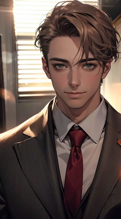 (Highest quality,4K,8K,High resolution,masterpiece:1.2),Super detailed,(Realistic,photoRealistic,photo-Realistic:1.37),1 person,34 years old,Mature Men,Beautiful skin、very handsome,Expressionless smile in love,Short gray brown hair,green eyes,Sharp Eyes,A perfect face without a doubt,Businessman, CEO, Office Background,Cinema Lighting,HDR image,tie、