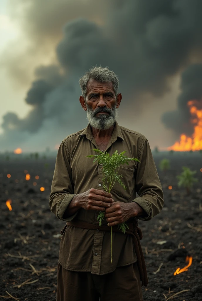 A farmer in the middle of a burning field burned by pollution with a plant in his hands looking straight ahead