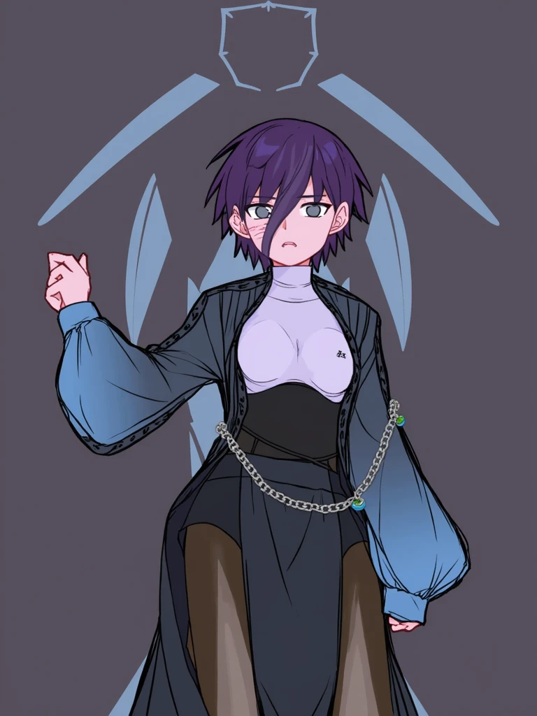 Male. grown pixie cut,purple hair with cold grey eyes.
a diagonal scar crossing his right cheek to the bridge if his nose,his body filled with scars from how many fights he had during her childhood,Has a muscular body.
He wears a big jacket with a fluffy hat.
A sleeveless black turtleneck and plain grey pants.]
a chain dangling from the side of his hips,Cryo vision from Genshin impact attached to the chain.
she wears some silver jewellery.
Broad shoulders, muscular arms and blank stare