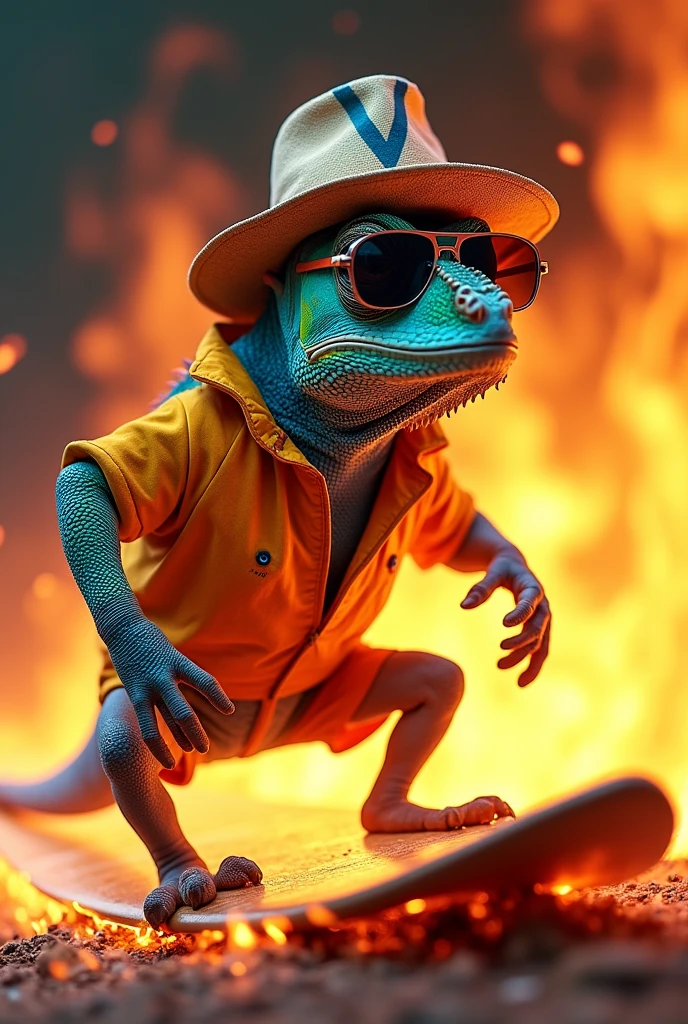 chameleon, surfing clothes, glasses, hat with V, V-neck collar, a V-shaped fire board, the background of the image fire without water