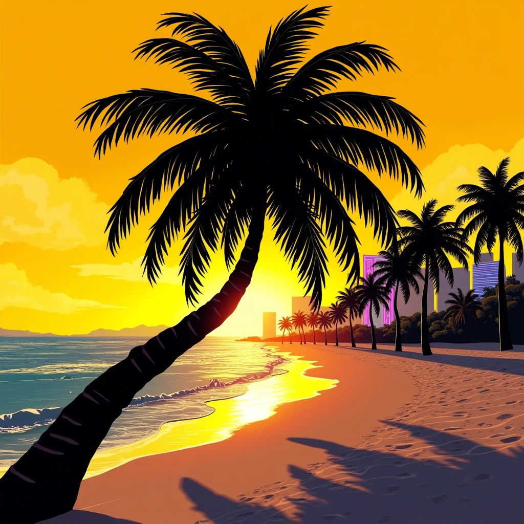 Black shadow of a Coconut on a beach in Vice City GTA, deep yellow sky