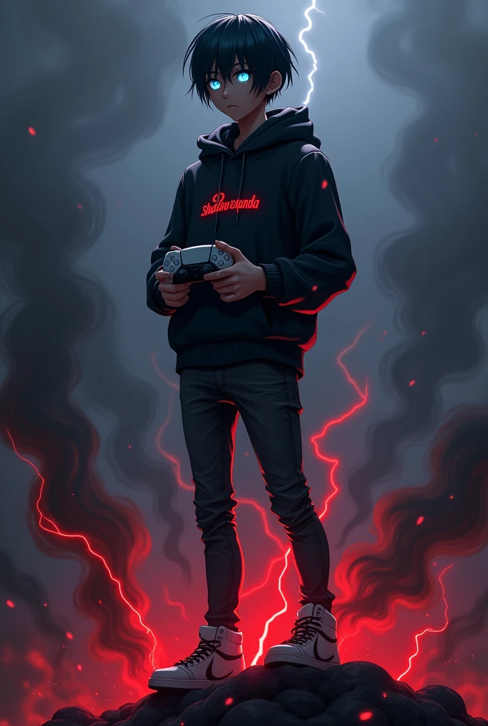 A shadow boy holding a PlayStation 5 controller ,anime style, while standing on a while standing on a shadow people, wearing a skinny jean,black hoodie written shadow@vanda,dark smoke arising in the background,with small blue glowing eyes with blue flame,with a small french crop hair style ,wear a facemask ultra hd ,side ways view , with red lightening , chocolate skin