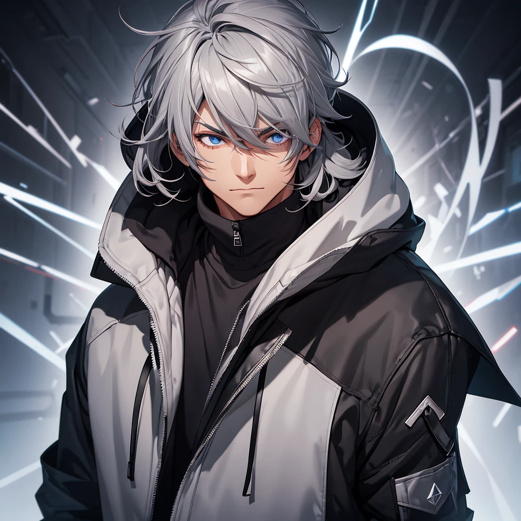 make a man with medium gray hair, black coat with a hood. Your eyes should be red. background futurista