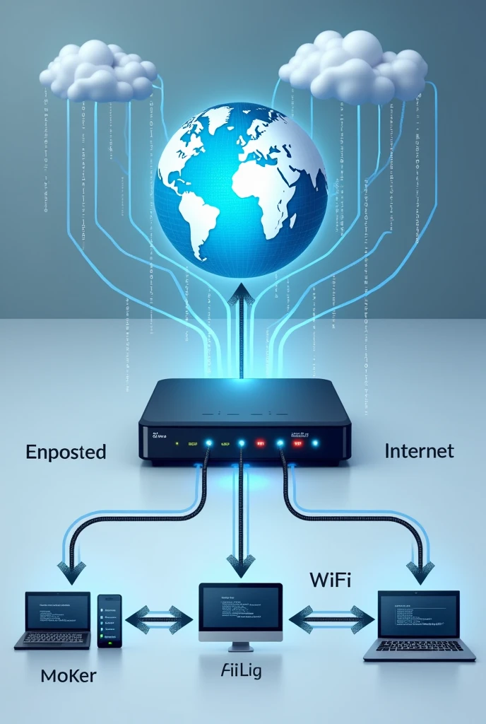 Make a picture of a small diagram to show how a modem connects to the network and the internet.