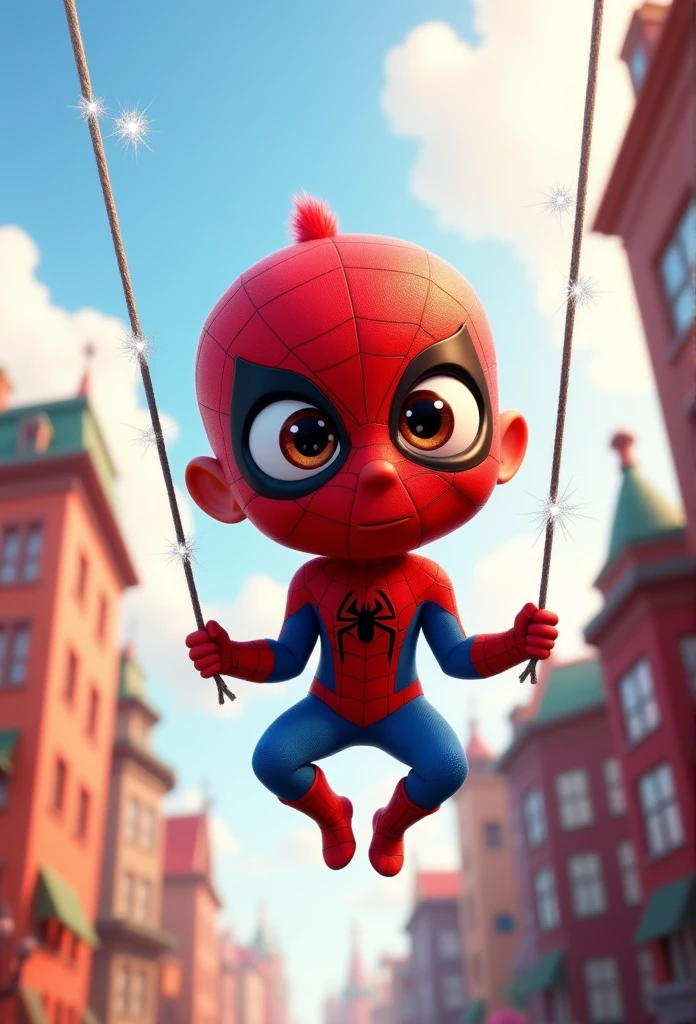 Image of a Spiderman dress in Pixar style, He's the little baby, smart, Attentive and super charismatic.