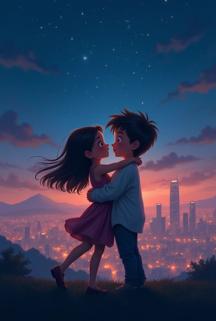 1 girl, 1 boy, brother and sister, hugging, looking in the eyes, standing on a hill with a city view, at night