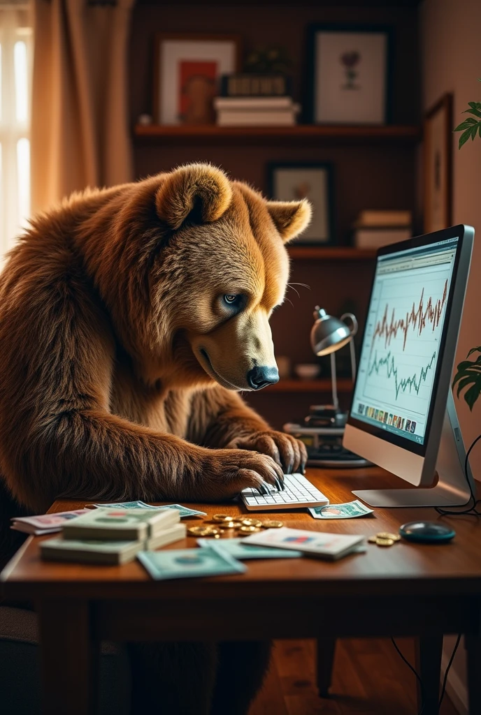 Make a bear in front of the computer with money on the table 