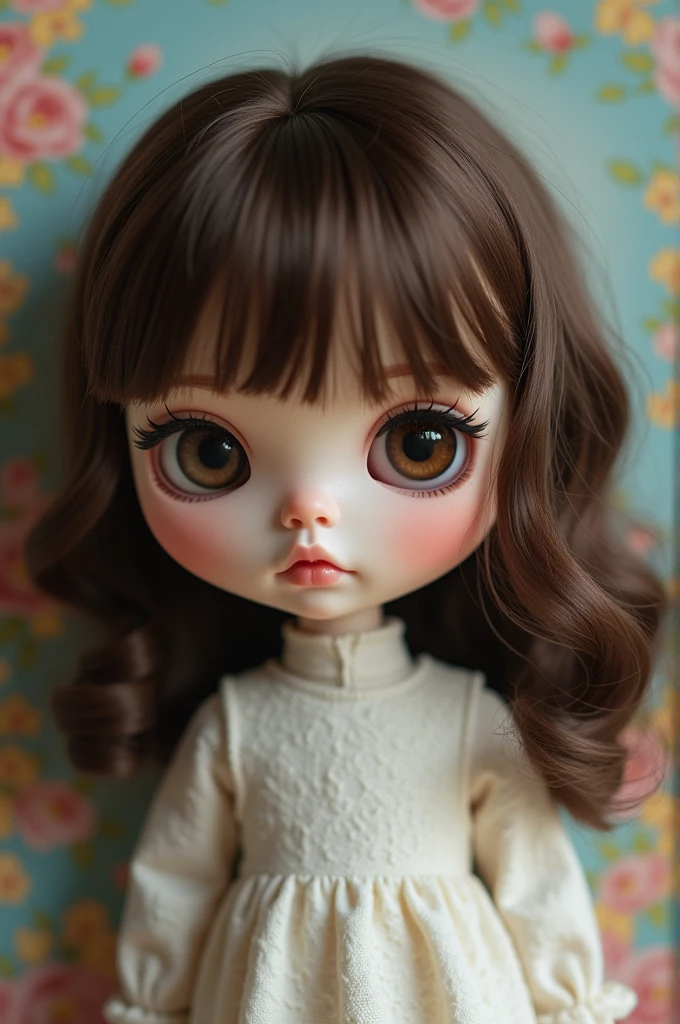 Create a blythe doll with pale skin, dark brown eyes, brown hair with bangs and shoulder length, large eyelashes and a sad expression on her face