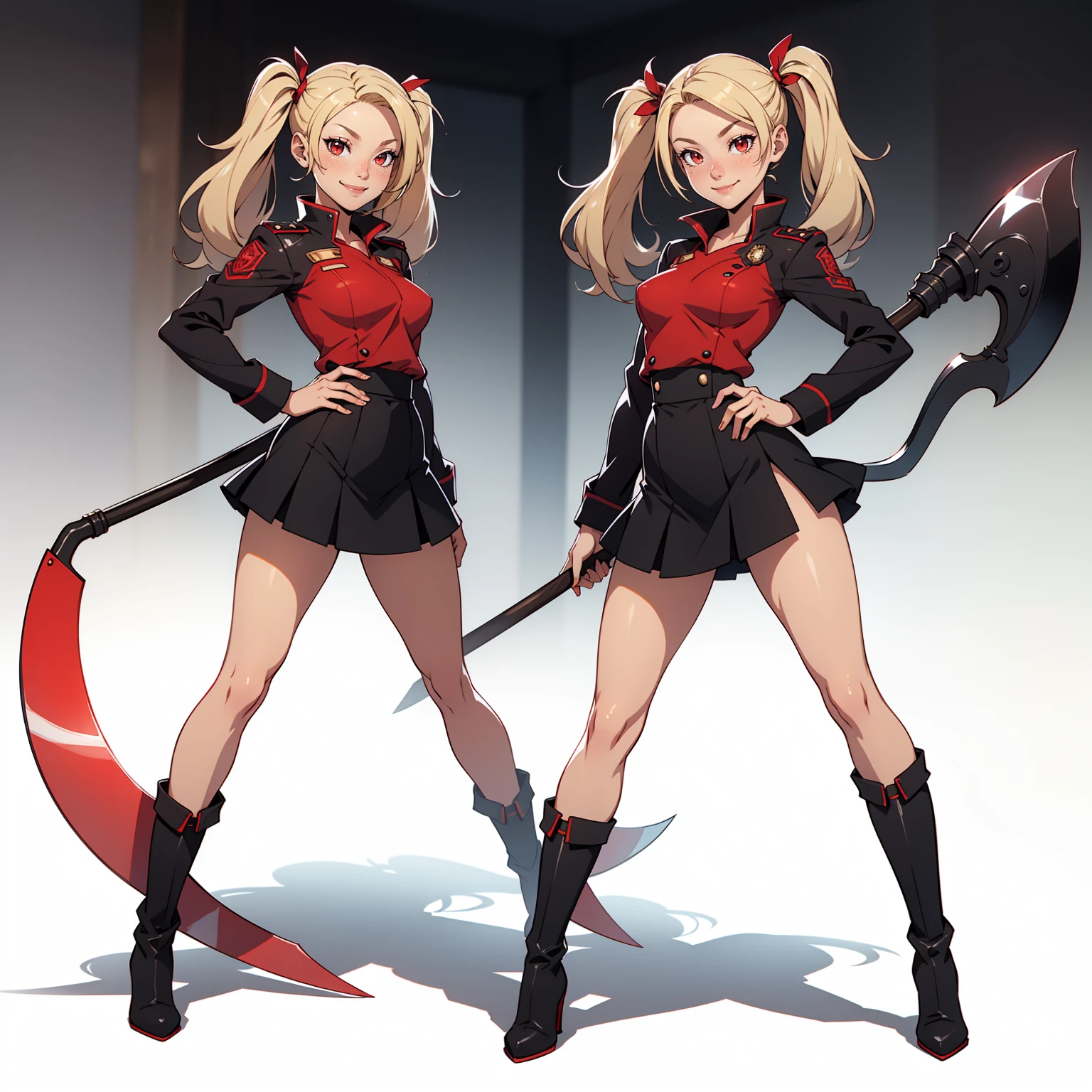 Very detailed, smiling facial expression, figure, full body view, small breasts, blonde hair with twintails, red eyes, looking at viewer, black and red uniform, skirt, black boots, holding scythe, sexy pose.