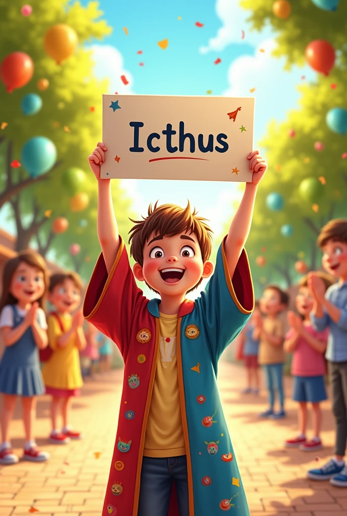 Cartoon of a boy in a graduation gown receiving a diploma that says icthus in legible handwriting



