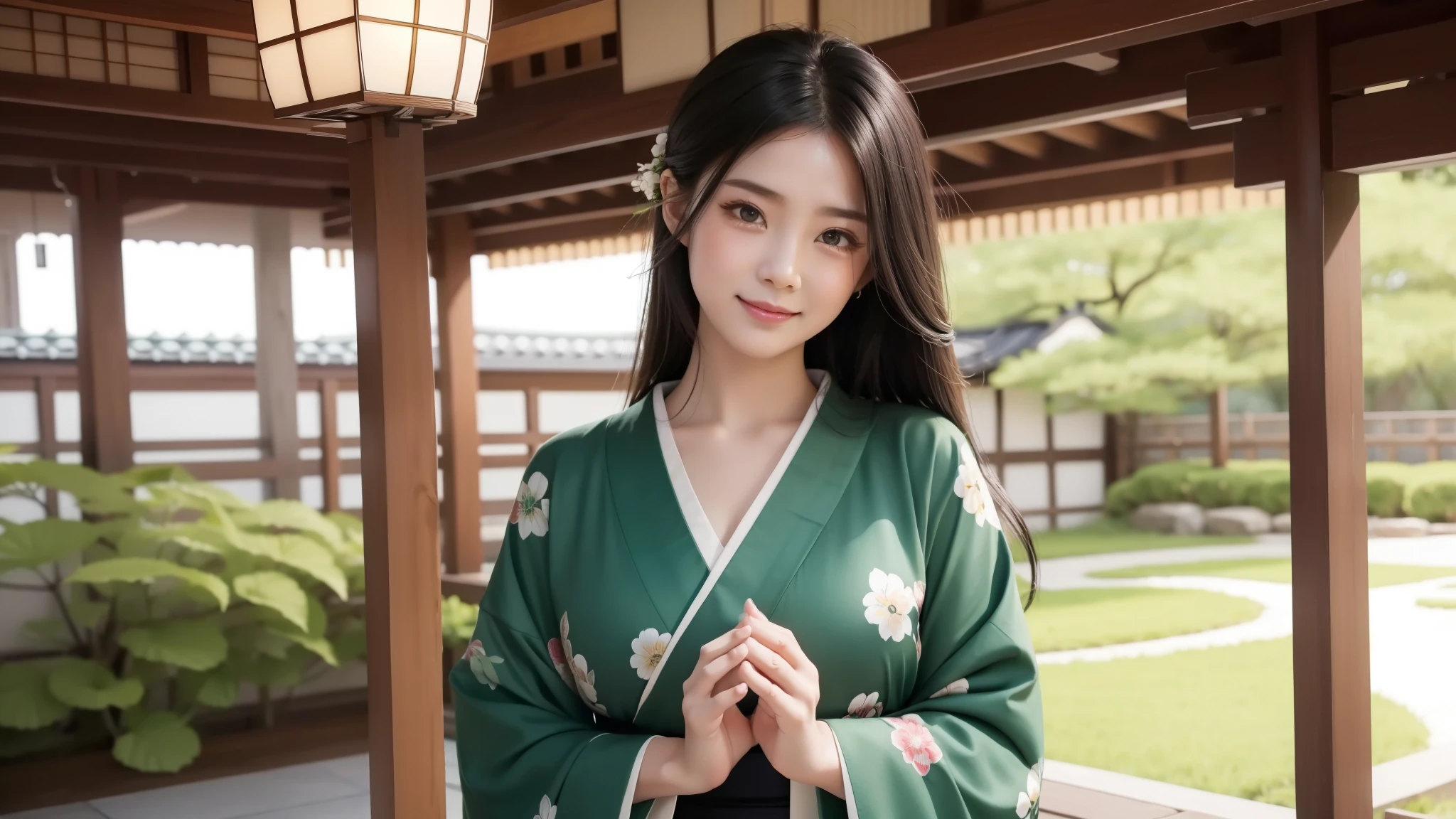 green base, Open your hands, Cute crying face, Laughs and Tears, 最high quality、high quality、Best image quality、8k、最High resolution、High resolution、temple, Realistic photos, Healthy body, Beautiful Eyes, Flowing black hair, Colorful kimono, Calm expression, Soft lighting, Traditional Japanese art style, Vibrant colors, Peaceful atmosphere, Delicate features, Graceful posture, Beautiful Landscape