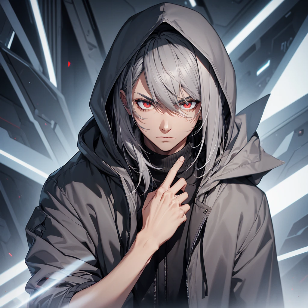 make a man with medium gray hair, black coat with a hood. Your eyes should be red. background futurista