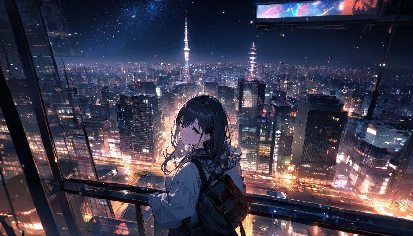 View of Tokyo city,Night starry sky,Streetscape、listen to music、Japanese