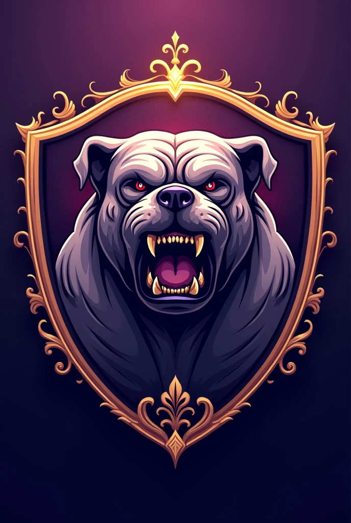 Create a perfect shield for a football team called Barbalho GBC in Portuguese, purple and gold colors, scary bulldog
