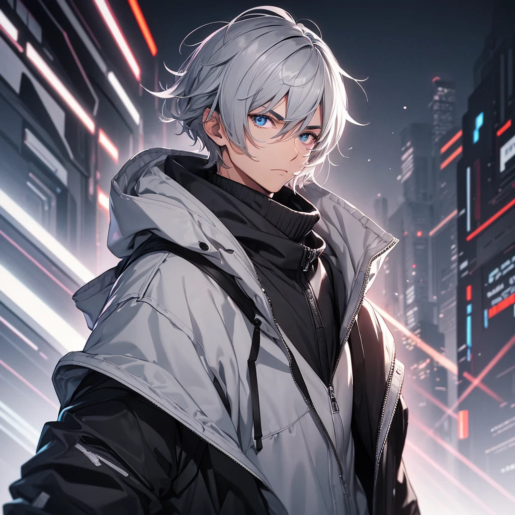 make a man with medium gray hair, black coat with a hood. Your eyes should be red. background futurista