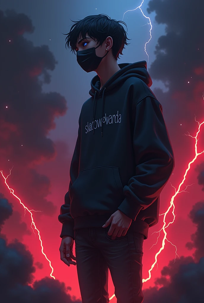 A shadow teen boy holding a PlayStation 5 controller ,anime style, while standing on a while standing on a shadow people, wearing a skinny jean,black hoodie written shadow@vanda,dark smoke arising in the background,with small blue glowing eyes with blue flame,with a small french crop hair style ,wear a facemask ultra hd ,side ways view , with red lightening , chocolate skin