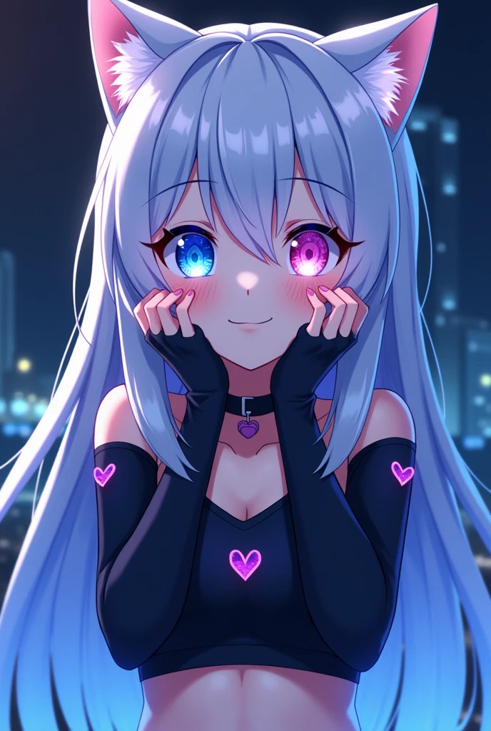 Cute yandere anime girl,,heart shaped pupils,,holding own face((withbothhands)),,big breasts,,breathing heavily,,heavy smile,,glowing blue eyes,,long white hair,,wearing a crocktop,,black choker with a heart shaped((masterpiece 4k resolution ))((giant breasts)) black crocktop,,anime blush effect,,wide smile..counterfeit,DreamShaper 4.0,,revanimated..blue neon ligthing glow effect on crocktop..cat ears..glowing blue eyes 