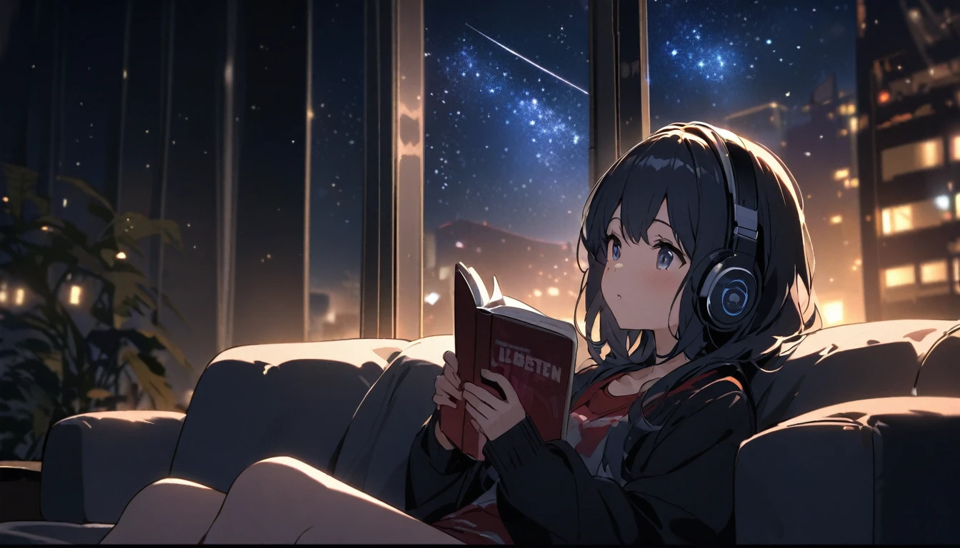 sitting on the sofa and reading a book,In front of a large window,Night starry sky,Streetscape、listen to music、