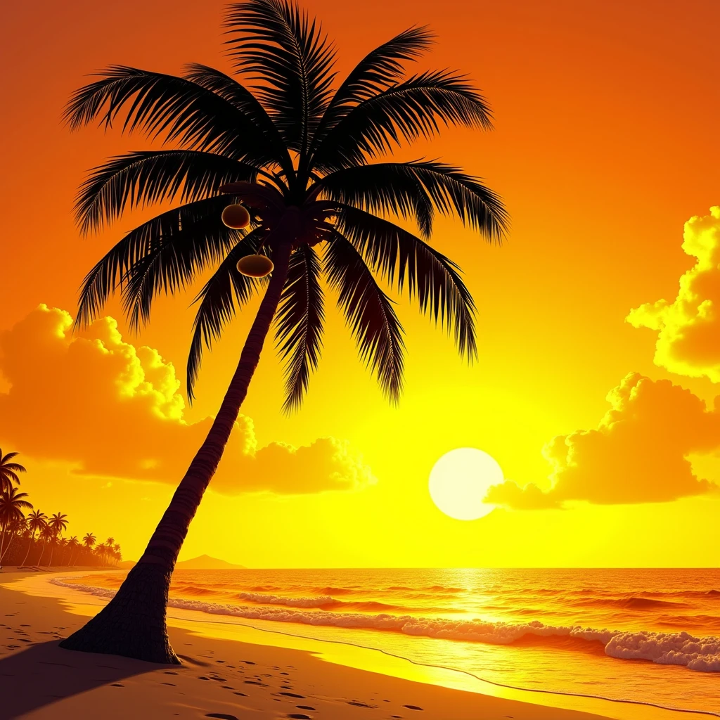 Black shadow of a palm tree with Coconut on a beach in Vice City GTA, deep yellow sky