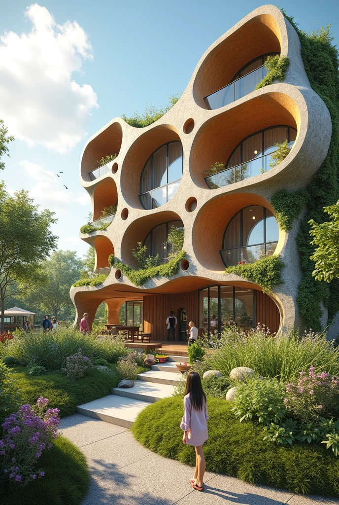 The architecture of the "Regenerative Urban Node" becomes an educational tool, where each component of the building acts as a classroom for residents and visitors. Interactive panels, Experimental gardens and observation stations allow people to learn about sustainability, biodiversity and ecotechnology in their daily lives, Transforming the residential environment into a centre of environmental knowledge and action.
The architectural form of the node is dynamic and adaptable, with an organic structure that expands and contracts according to the needs of the community and environmental conditions. The facades, composed of modular panels of bioconcrete and recycled materials, They can be reconfigured to optimize solar gain or modify air flow., ensuring optimal thermal and energy comfort in all seasons.