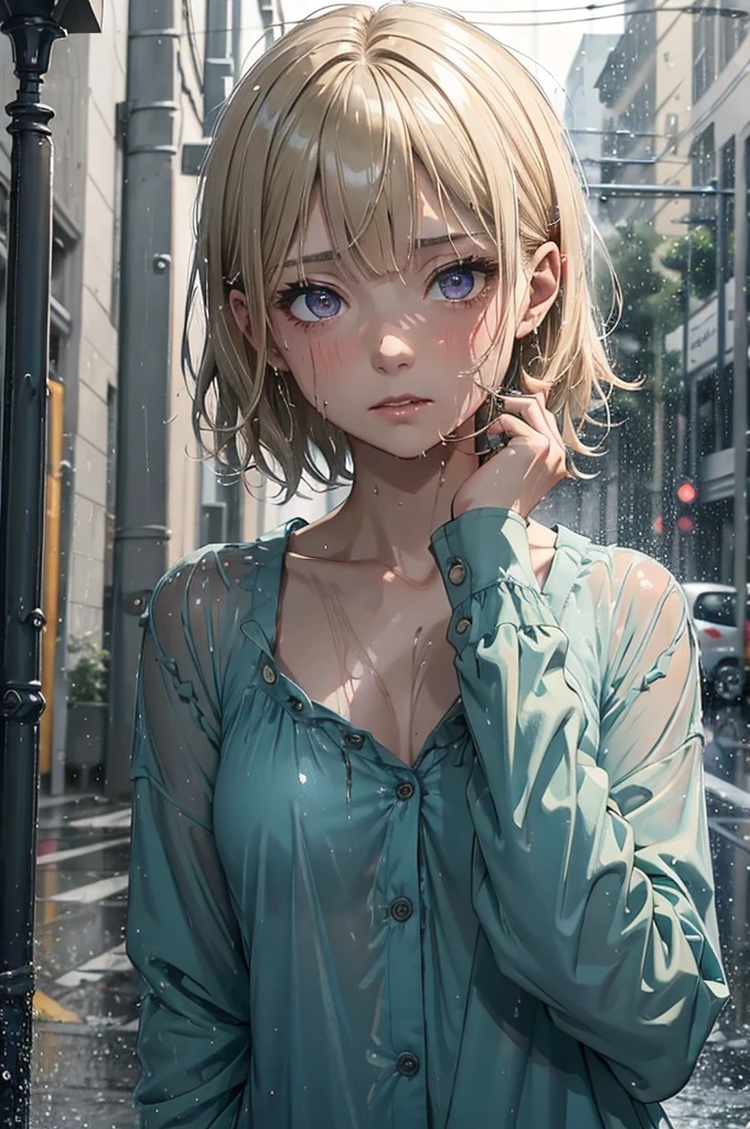 Very short hair, Highly detailed, extreme detail, amazing art), Raning, heavy rain, dark, midnight, 1girl, soaking wet drenched, wearing nothing but a pyjama shirt, shirt caramel-blonde hair, gorgeous purple eyes, depressed, soaking wet hair, hair sticking to her face, heavy rain, thunderstorm, teal pyjama top, naked, petit chest, very short hair, buttoned up pyjama top, bare legs, no underwear, very dark night time, black sky, only source of light is a single amber street light, no light, dark background,