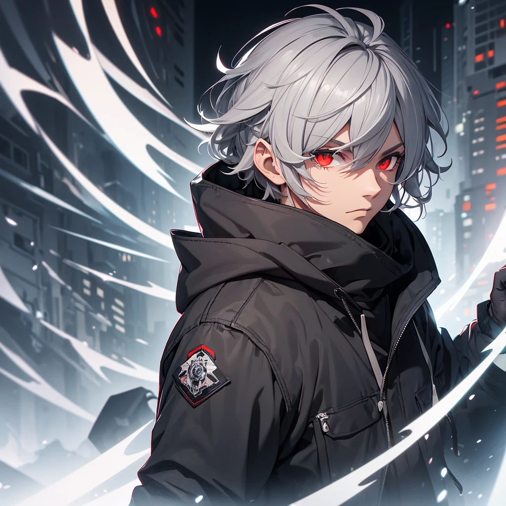 make a man with medium gray hair, black coat with a hood. Your eyes should be red. background futurista