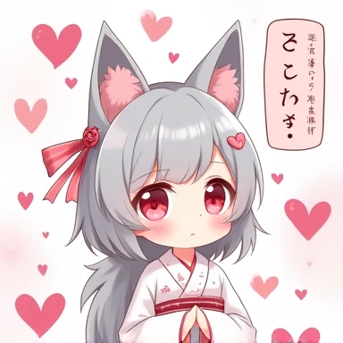 One Woman,Gray Hair,Cat ear,((Chibi Character)) Heterochromia iridis,Eye color,red,White kimono,Star Iris Background(Heart Background,Lots of hearts,pink,Watercolor style) Crying face,cute,Please enter text in the bottom right corner of the fantasy image,A very popular font,