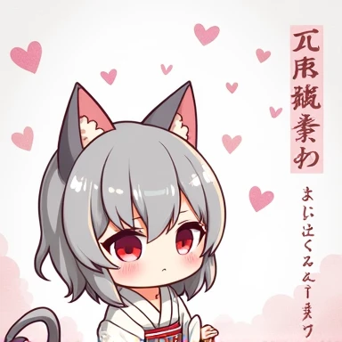 One Woman,Gray Hair,Cat ear,((Chibi Character)) Heterochromia iridis,Eye color,red,White kimono,Star Iris Background(Heart Background,Lots of hearts,pink,Watercolor style) Crying face,cute,Please enter text in the bottom right corner of the fantasy image,A very popular font,