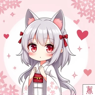 One Woman,Gray Hair,Cat ear,((Chibi Character)) Heterochromia iridis,Eye color,red,White kimono,Star Iris Background(Heart Background,Lots of hearts,pink,Watercolor style) Crying face,cute,Please enter text in the bottom right corner of the fantasy image,A very popular font,
