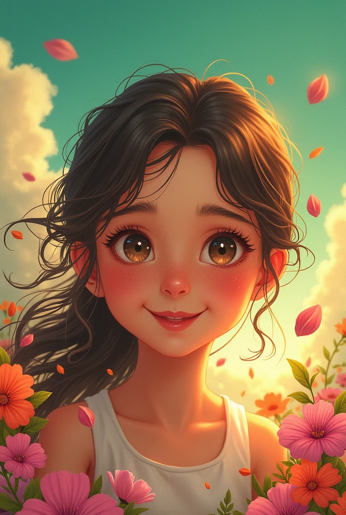 MKSKS, masterpiece, best quality, illustration, close up, straightforward, facial focus, smile, colorful, flowers, green sky, cloud sky, girl with beautiful eyes,