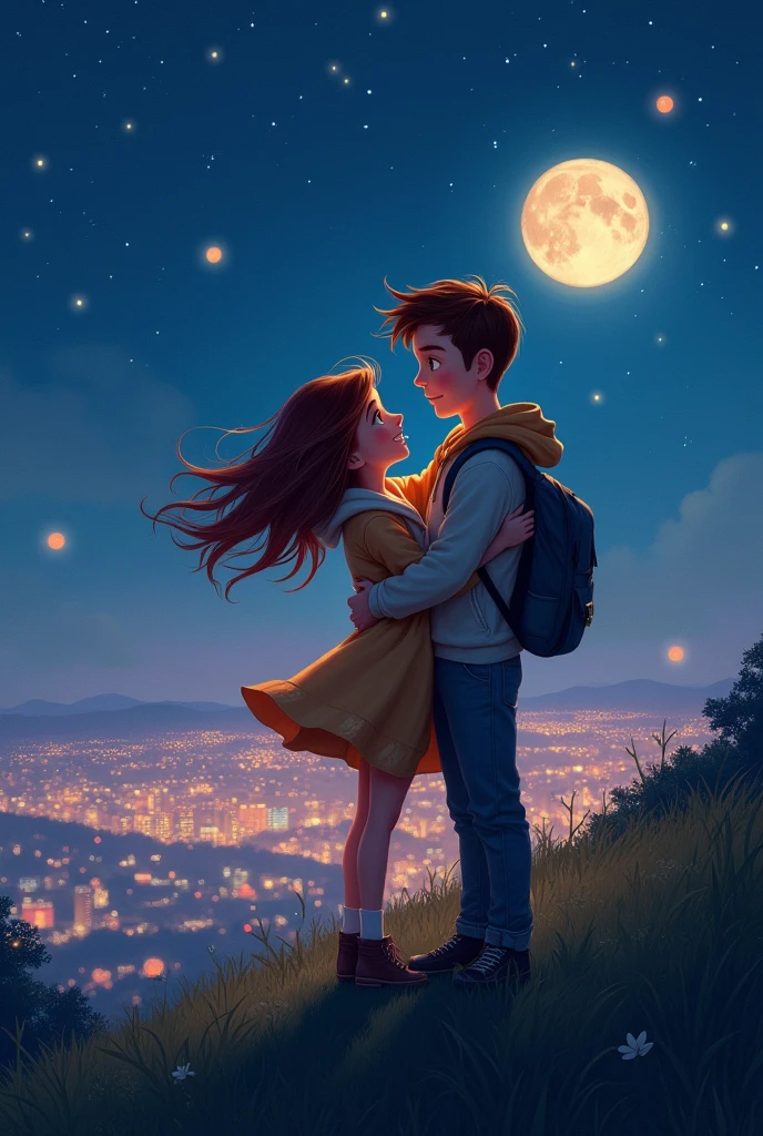 1 girl, 1 boy, brother and sister, hugging, looking in the eyes, standing on a hill with a city view, at night