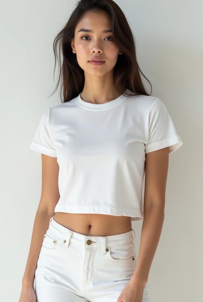 arafed woman in white shirt and jeans posing for a picture, dressed in a white t shirt, casual pose, wearing a y cropped top, smooth white tight clothes suit, photo of slim girl model, wearing tight simple clothes, jia, in white clothes, dilraba dilmurat, attractive pose, tight shirt, dressed in a white t-shirt
