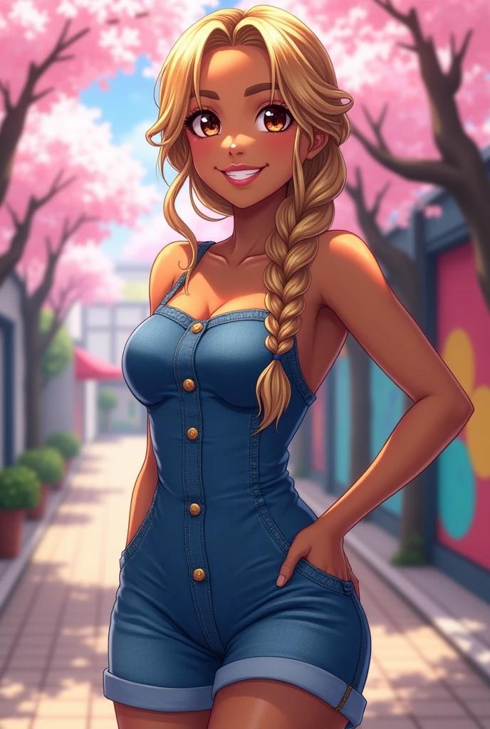 Create an adult anime woman and she would be with brown skin, long dark blonde braided hair, dark brown eyes smiling and wearing a blue denim dress