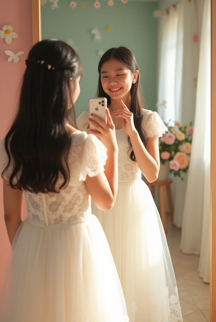 16 year old girl trying white dress
Black hair selfie