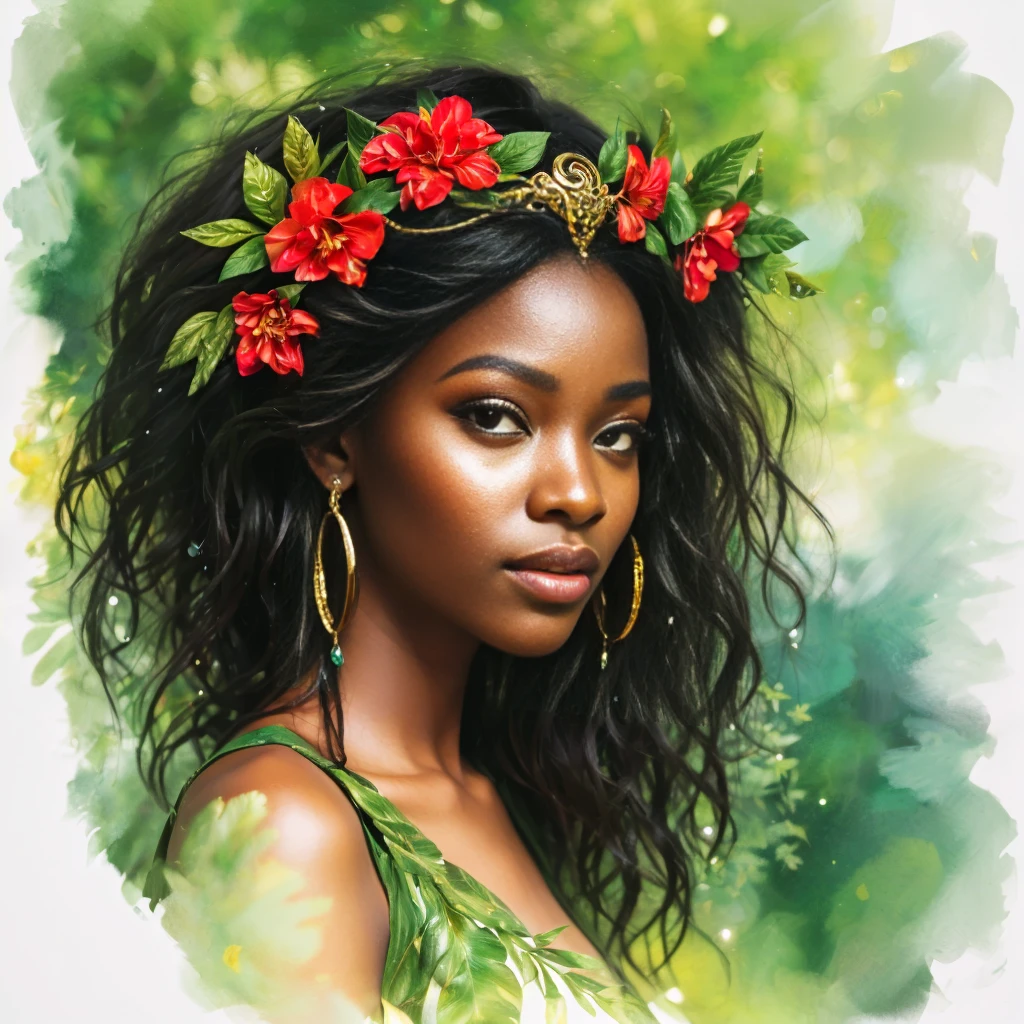 Beautiful African girl in a jungle, luxury makeup, long hair, comely, Bohemian, realisitic, fancy, flowers, rot, blackw, Unripe, offwhite, gold, gems, drops, swirls, filigreed, octane, brightly, big fit ass