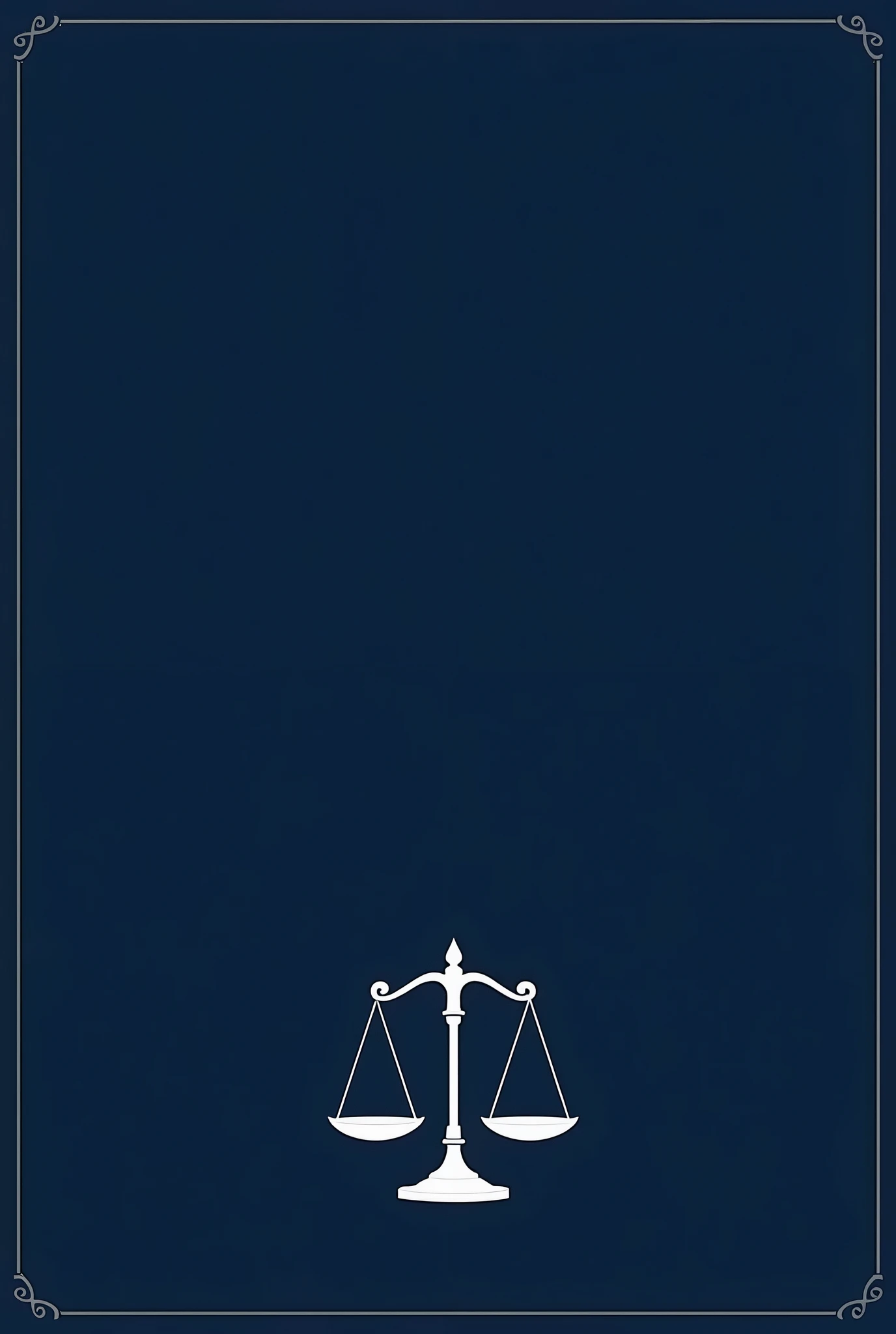 Create a vertical book cover with a deep, solid navy blue background, with an elegant and professional design.

bottom:

Color: Solid Navy Blue Book Title:

Text: "MISIONES CRIMINAL PROCEDURE CODE: ANALYSIS AND INTERPRETATION"
fountain: Time New Roman Size: Medium Color: White Location: Centered at the top of the cover, with adequate margin from the top edge for a balanced and prominent design.
Author&#39;s name:

Text: DR. José Pablo Rivero
fountain: Helvetica Size: 35
Color: White Location: above, Centered just above the title, with enough space between both elements to ensure a clean and harmonious design.
Scales of Justice:

style: Classic and stylish, with clean and elegant lines Color: White Location: At the bottom center of the cover, just above the bottom edge, with ample space around to keep the design clear and balanced.

Spacing and Balance:

Maintain even margins around all elements to ensure a clean, professional design..
Make sure your title text is large enough to stand out and be readable from a distance..
Check the spacing between the title, the author&#39;s name and the balance are appropriate to avoid a crowded or overloaded appearance.
Contrast and Visibility:

Make sure the contrast between the white text and the navy blue background is high to ensure optimal readability..
Final Details:
Perform a thorough review for minor design adjustments, ensuring that the alignment, proportions and spacing are perfect for a polished, professional finish.