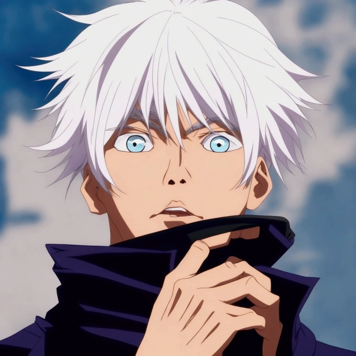 a realistic young handsome Asian male, with white hair. has very vibrant blue eyes. Wears a dark blue zip-up jacket with a high collar that's also fairly wide.