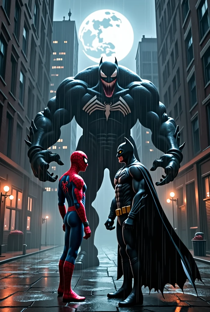 Batman and Spider-Man battle the villain Venom